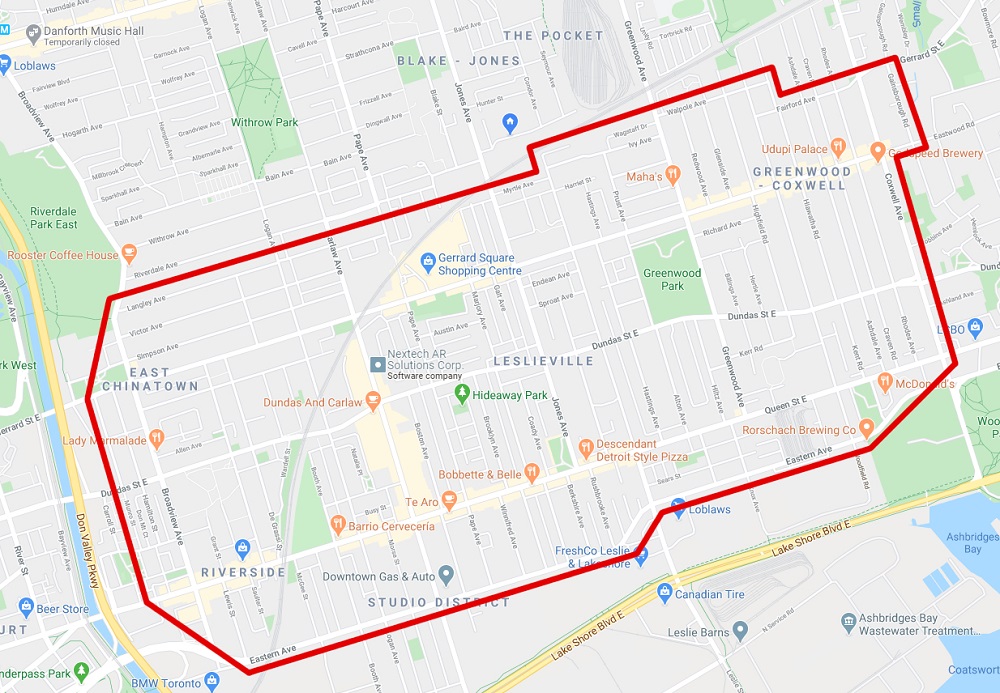 Map of the Ruffin' It service area in Toronto's east end